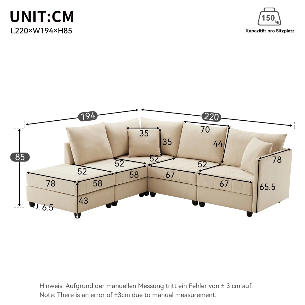DIVANO Modulare 5 Posti 220x194x85 cm Beige con Pouf Mobile