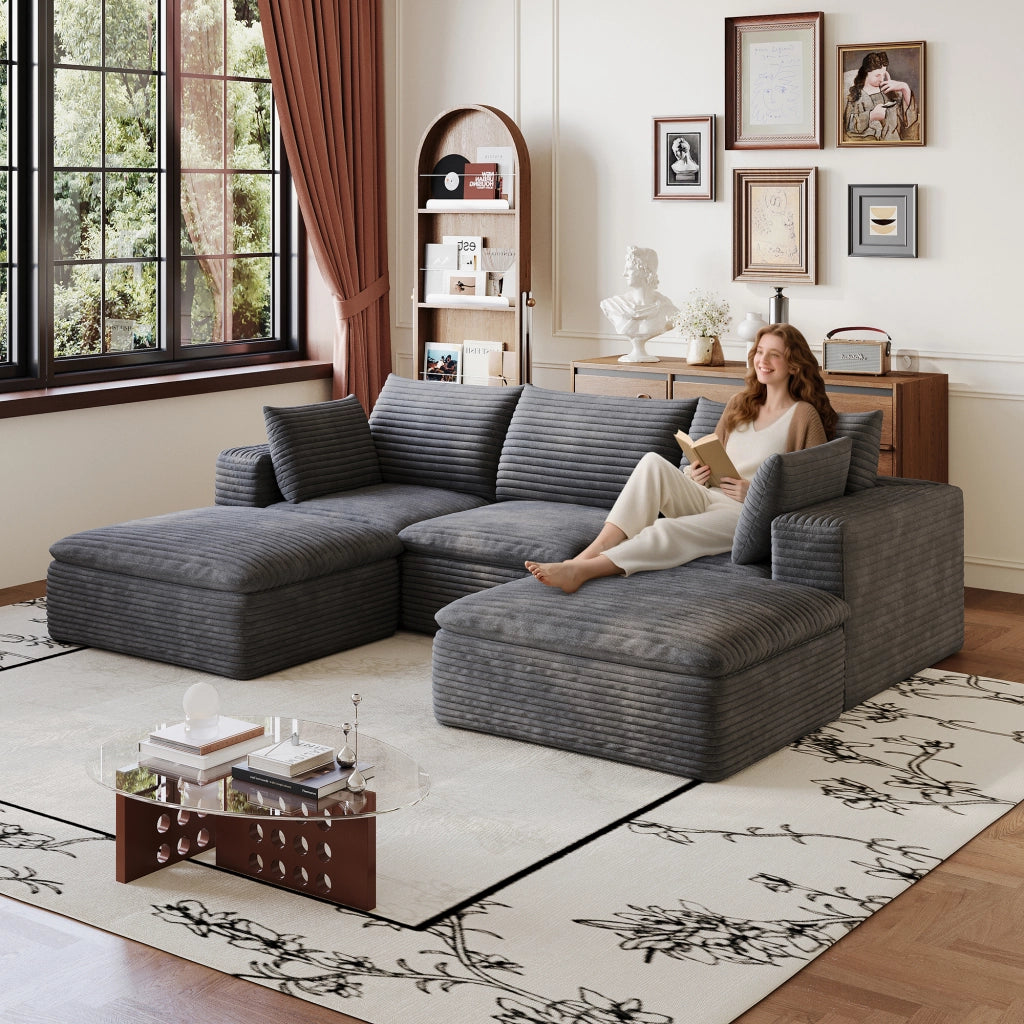 Divano 260 cm in Tessuto a Coste ¨C MINIMAL ¨C Grigio Scuro, Imbottito, Senza Montaggio