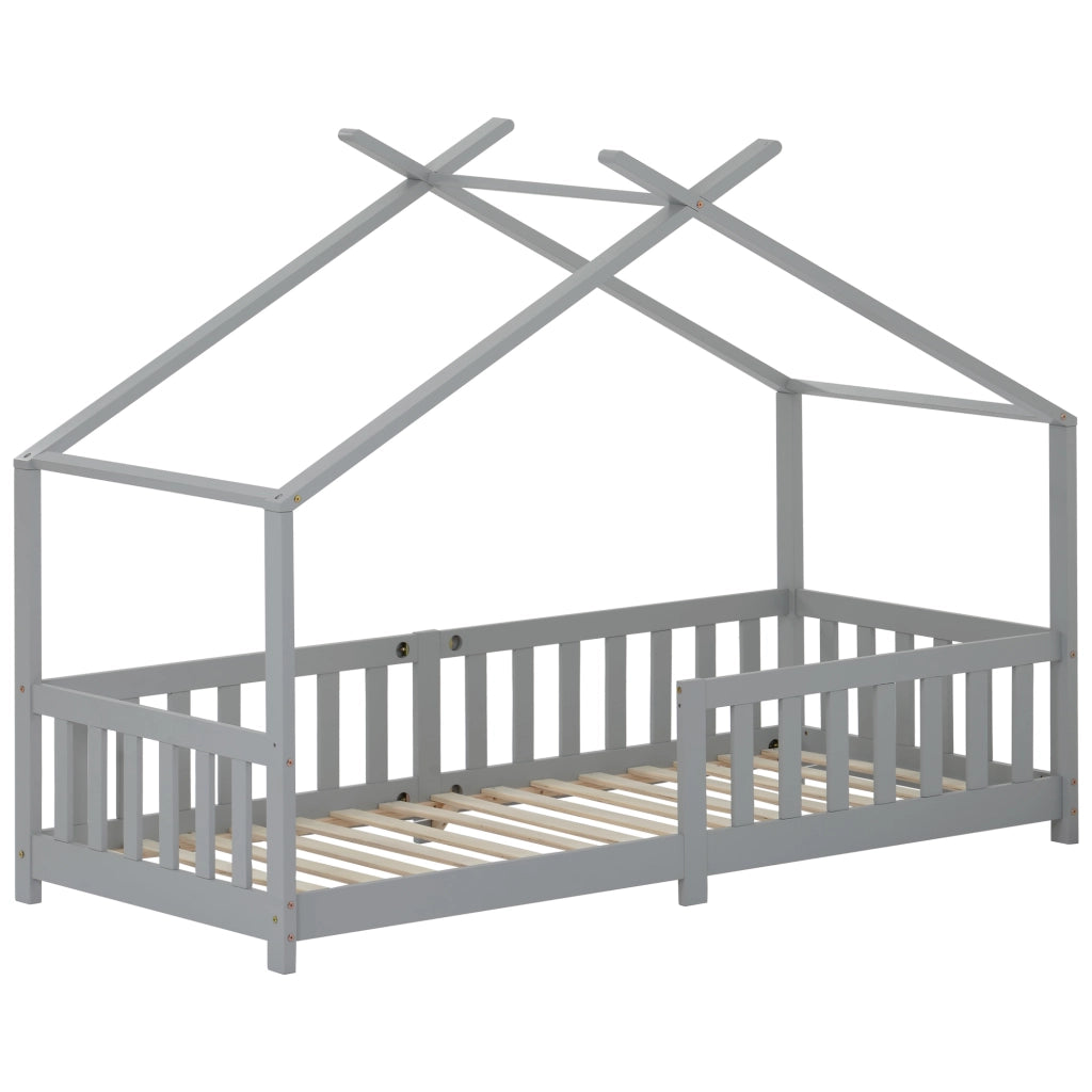 Letto Casetta 90x200 cm - con Sponde di Sicurezza e Vano Sottoletto - in Legno - Grigio