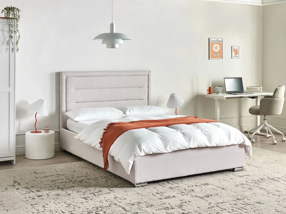 Letto matrimoniale in tessuto con contenitore beige chiaro 140 x 200 cm design moderno imbottito con testiera ottomana