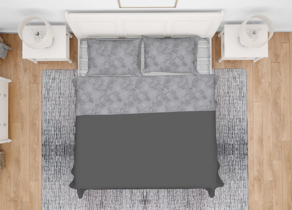 Completo Lenzuola Letto In 100% Cotone Made Italy Disegno Lily - Francese - Grigio