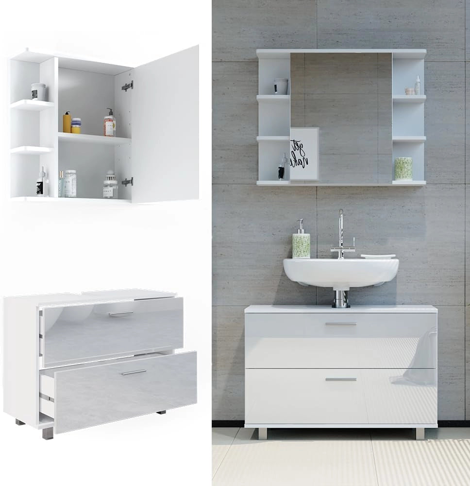 Set di mobili da bagno Ilias, Bianco lucido, 80.2 cm, composto da specchio da bagno e mobile sottolavabo