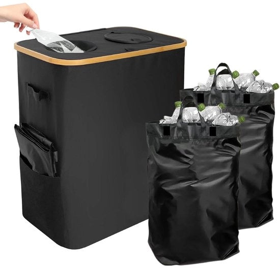 Raccolta selezionata Plus - Contenitore grande 140 litri con coperchio e 2 sacchi da mano - Riciclo per vetro, carta e plastica - Nero