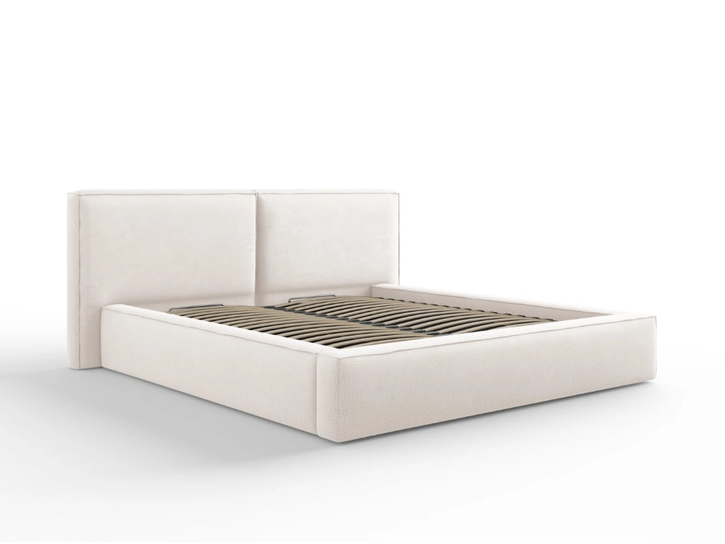 Cosmopolitan Design - Letto a cassettone con testiera doppia "Arendal" 180x200cm in tessuto strutturato beige chiaro 