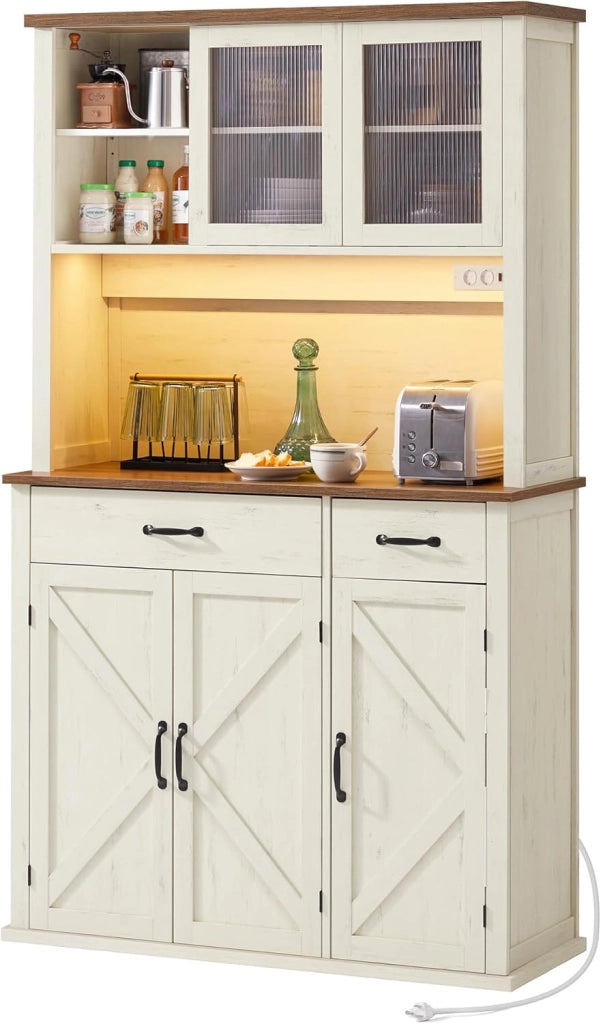 VASAGLE Credenza Cucina con Luce e Multipresa, Mobile Dispensa Cucina con Ante e Cassetto, 39,5 x 106,5 x 180,6 cm, con Ripiani Regolabili, Stile Farmhouse, Bianco Vintage e Marrone Miele BBK391W02