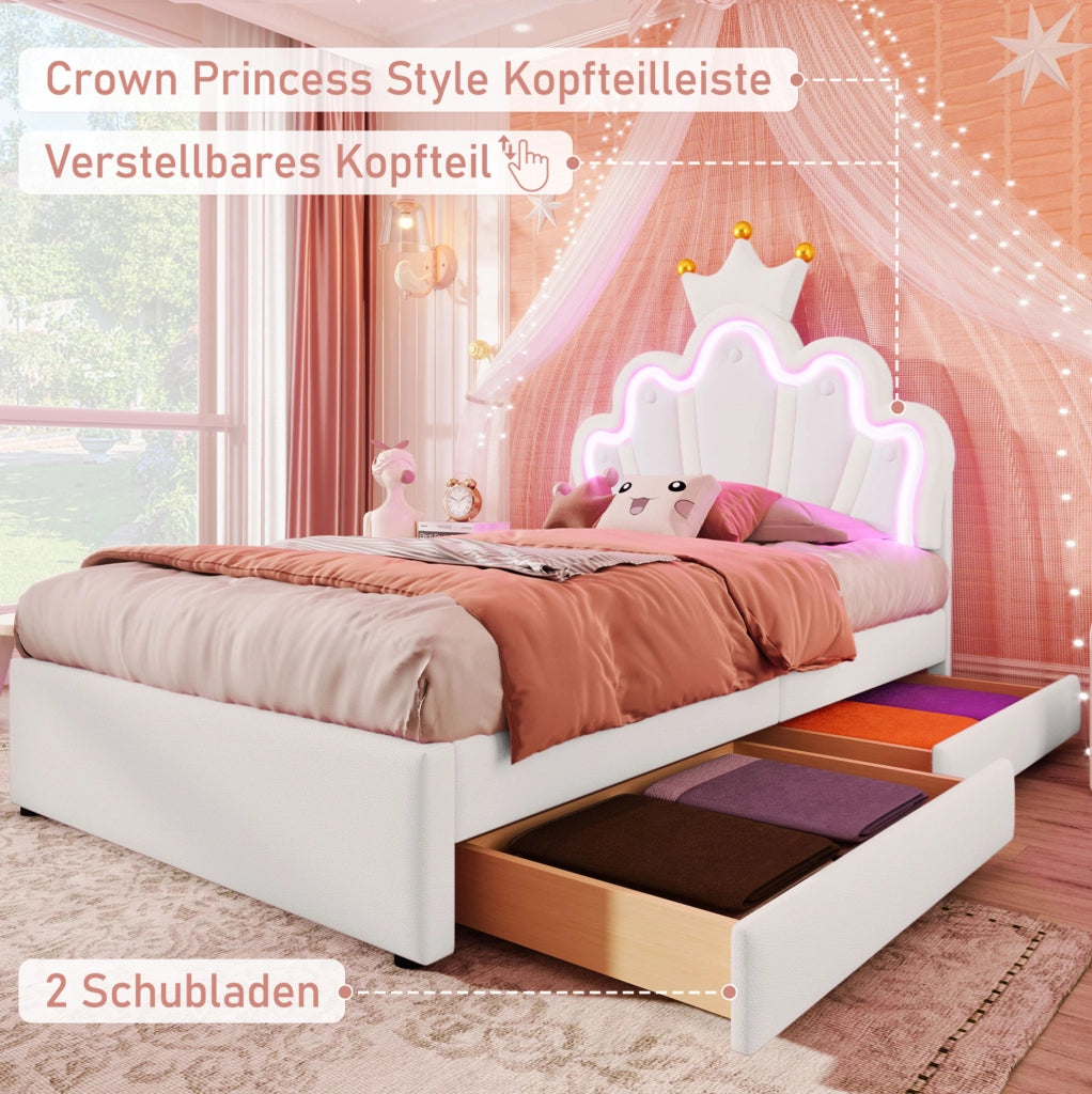 Letto imbottito per bambini 90x200 cm con LED e 2 cassetti