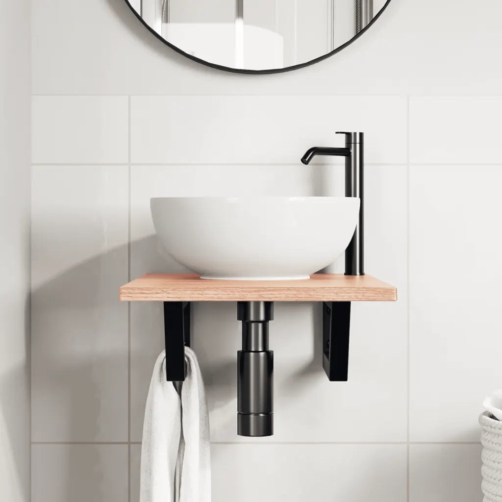 Ripiano a Parete per Lavabo in Acciaio e Massello di Rovere 3302559