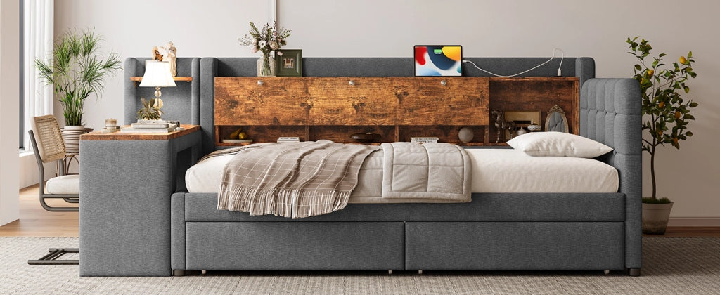 DESMIU Letto banquette 90 × 200 cm 1 piazza con 2 cassetti, scrivania, USB, Type-C e vano, senza materasso, grigio