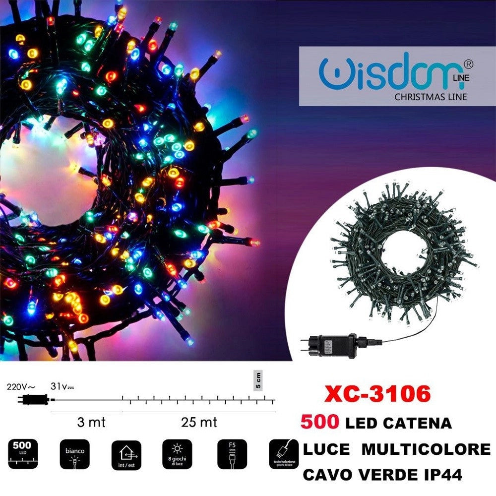 Trade Shop - Catena Luminosa 500 Luci Led Lucciole Luce Multicolore Cavo Verde Ip44 Xc-3106 -