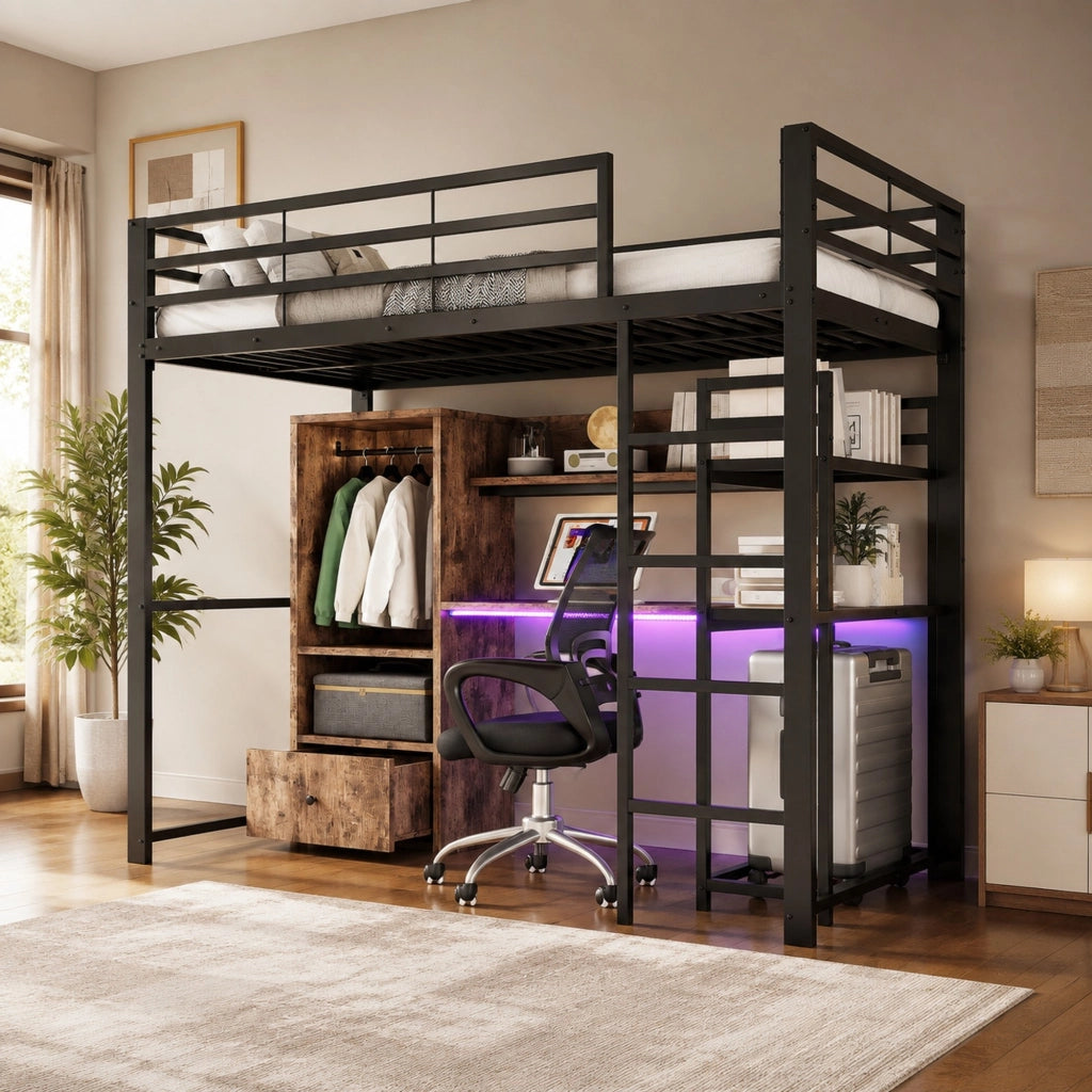 Letto a soppalco 90 × 200 cm con scrivania LED; cassetto e ripiani in metallo e MDF nero