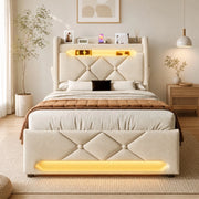 Letto singolo 90x200 cm con contenitore idraulico; LED; USB e Type-C; lino beige