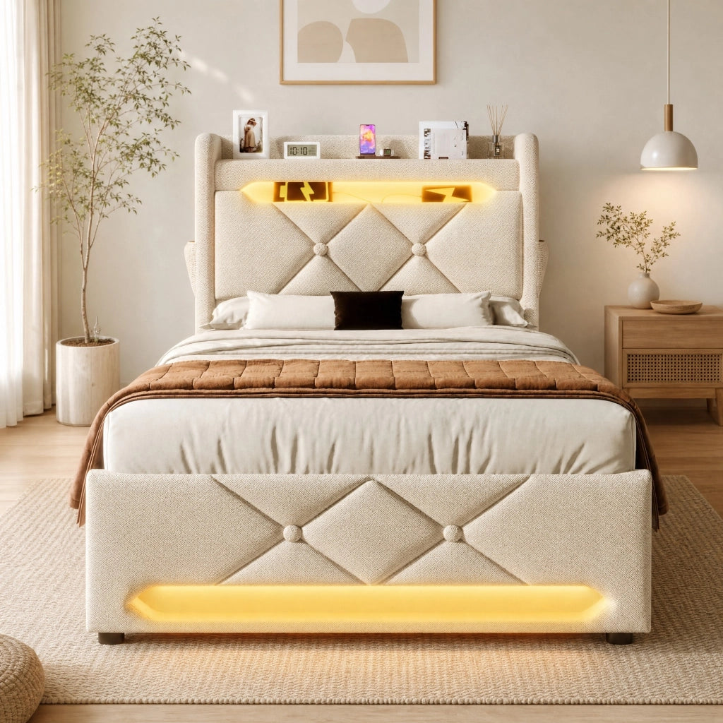Letto singolo 90x200 cm con contenitore idraulico; LED; USB e Type-C; lino beige