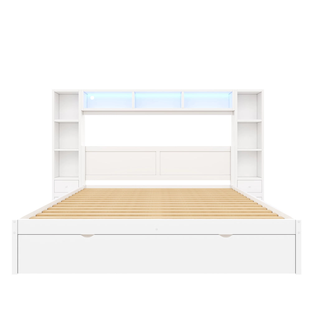 Letto contenitore 140x200 bianco con 7 cassetti; testiera libreria e luce LED