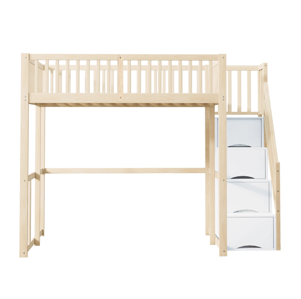 Hochbett 140x200 cm con scala contenitore e 15 doghe in legno di pino