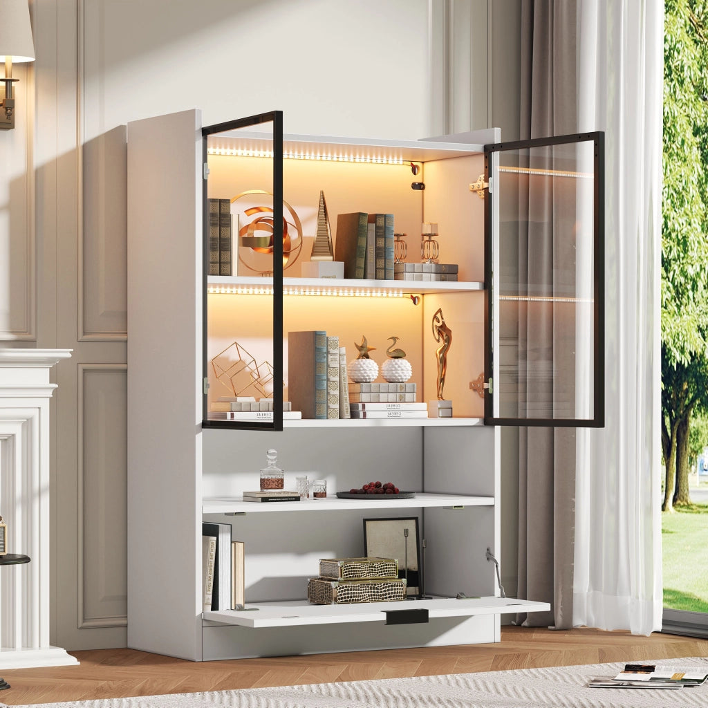 Vetrina con ripiani e LED per soggiorno in truciolare 120×80×35 cm bianco