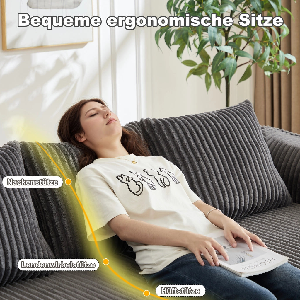 Divano modulare in velluto a coste senza montaggio con braccioli curvi e schienale sagomato con due cuscini grigio