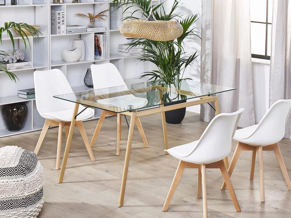 Tavolo da pranzo in legno chiaro con piano in vetro trasparente 140 x 80 cm industriale moderno