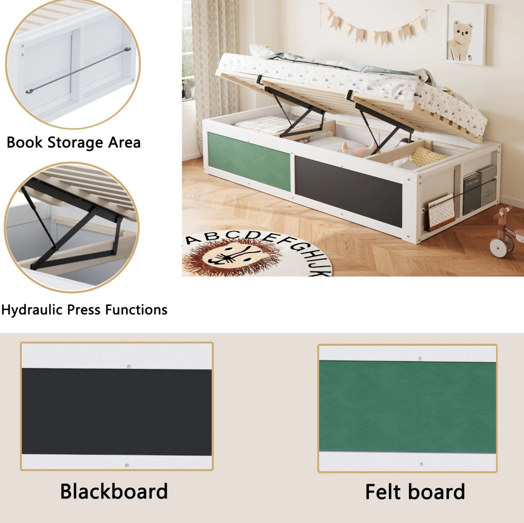 Letto per bambini multifunzione 90x200 cm con contenitore idraulico; lavagna e pannello in feltro; bianco
