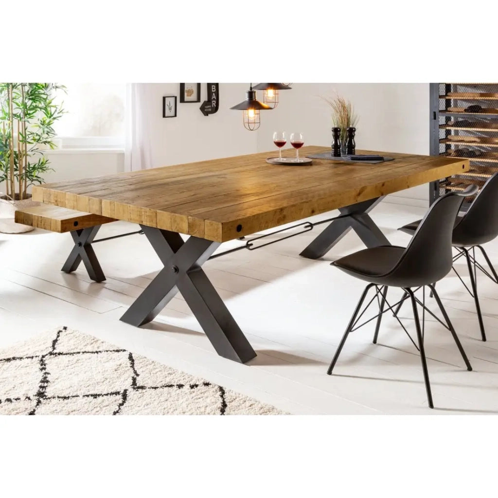Table CAVARA – Legno di pino riciclato verniciato e metallo nero – 200 cm – Piano spesso 80 mm – Stile industriale