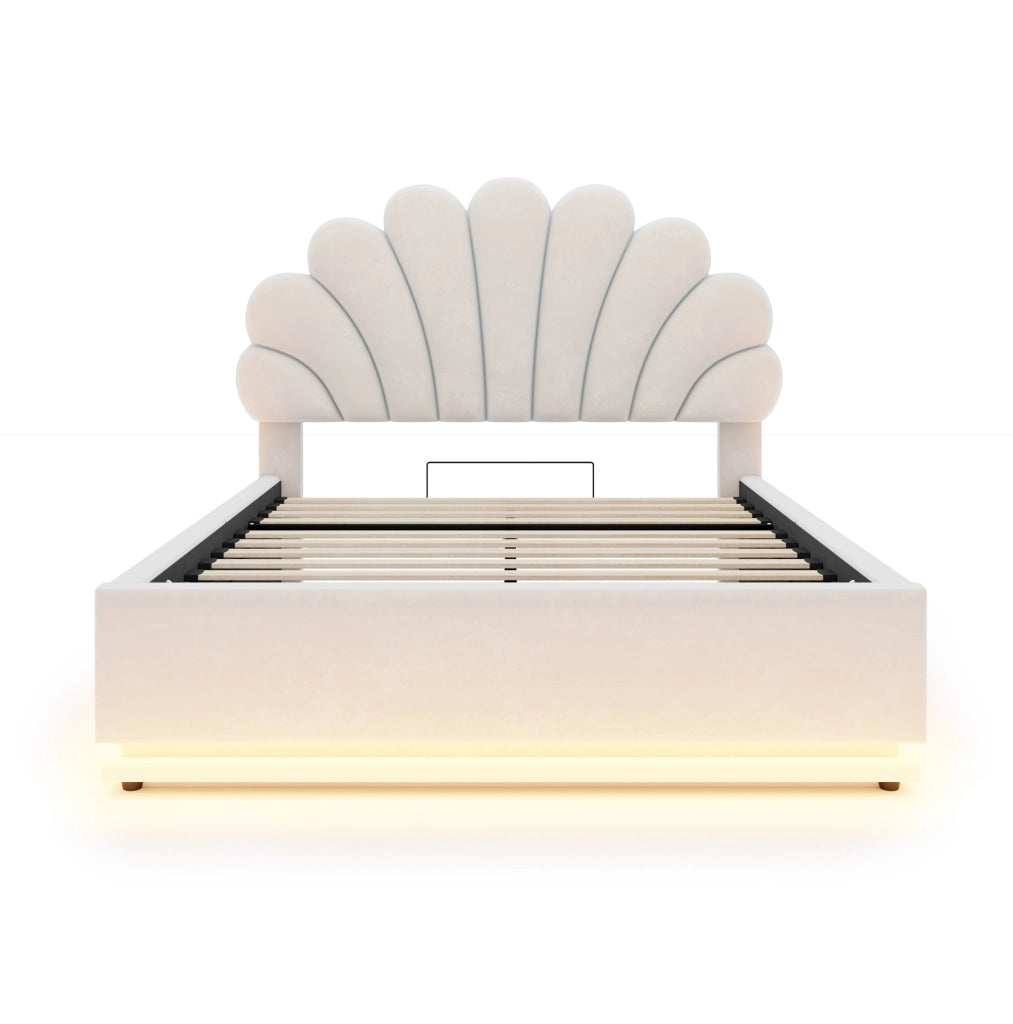 Letto imbottito 140x200 cm in velluto beige con LED e vano