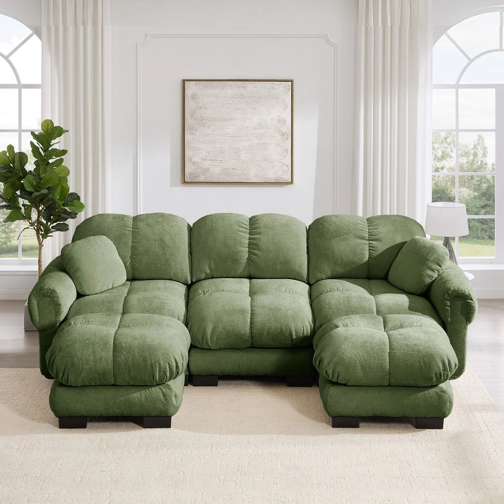 Divano 3 posti verde ¨C Minimal ¨C tessuto trapuntato con cuscini e poggiapiedi