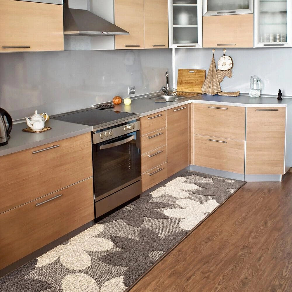 Tappeto Cucina 3D Fiore 57x40 cm Tridimensionale Morbido Moderno Passatoia Antiscivolo Beige