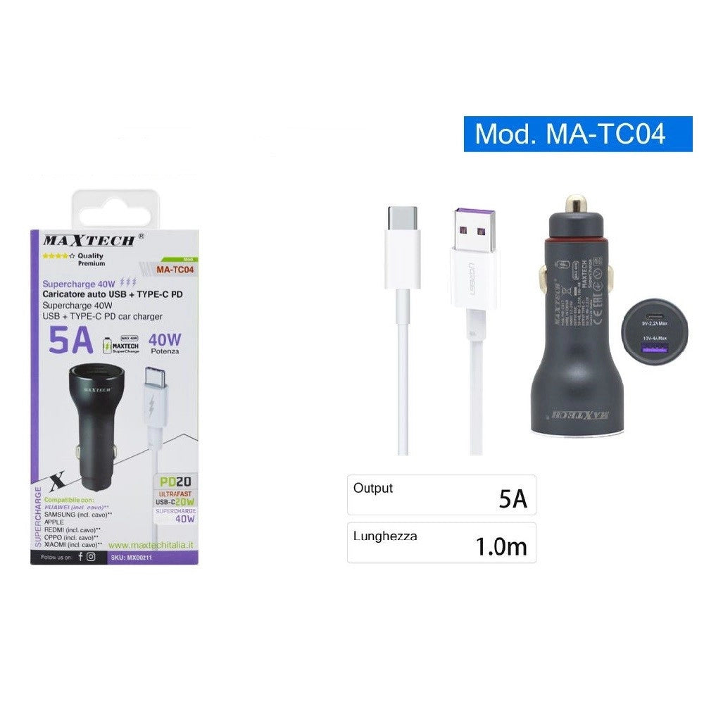 Trade Shop - Kit Caricabatterie Auto Type-c/usb Ricarica Rapida 40w 5a Cavo Dati 1 Mt Ma-tc04 -