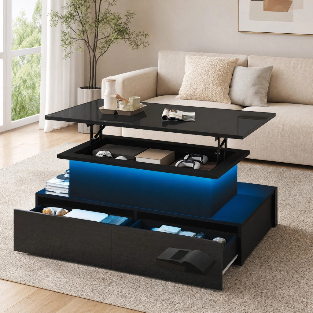 Tavolino da caffè sollevabile LED con 4 cassetti e vano portaoggetti, per soggiorno, nero, 90 × 55 × 41 cm