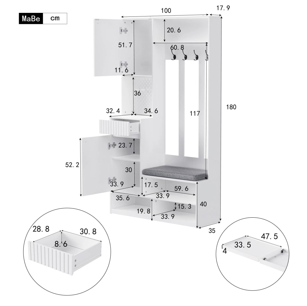 Mobile da ingresso 6 in 1 con panca, appendiabiti e cassetti, bianco