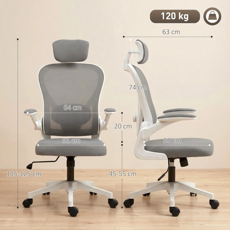 Sedia da Ufficio Ergonomica con Supporto Lombare Regolabile e Braccioli Ribaltabili Grigia