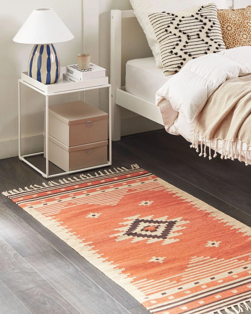 Tappeto Kilim in cotone multicolore 80 x 150 cm con motivo geometrico reversibile e frange Rettangolare Tradizionale