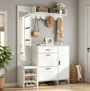 Guardaroba ingresso 140x30x200 cm con panca portascarpe; specchio e ganci in MDF bianco