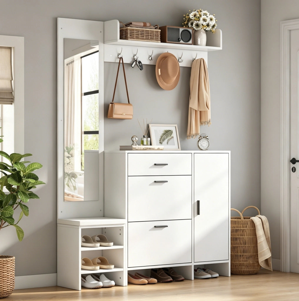 Guardaroba ingresso 140x30x200 cm con panca portascarpe; specchio e ganci in MDF bianco