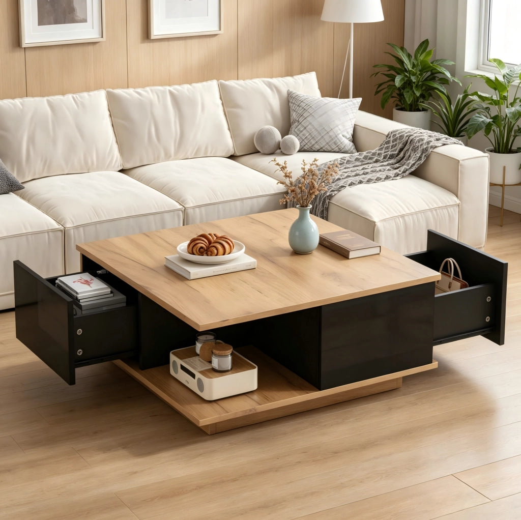 Tavolino da caffè 70x70x31;5 cm con 3 cassetti e vano aperto in truciolare nero e naturale