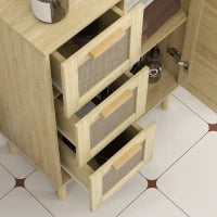 Mobile da Bagno in Stile Bohémien con 3 Cassetti e 3 Mensole, Frontale in Rattan Intrecciato, Compatto, 55 x 30 x 82 cm, Quercia