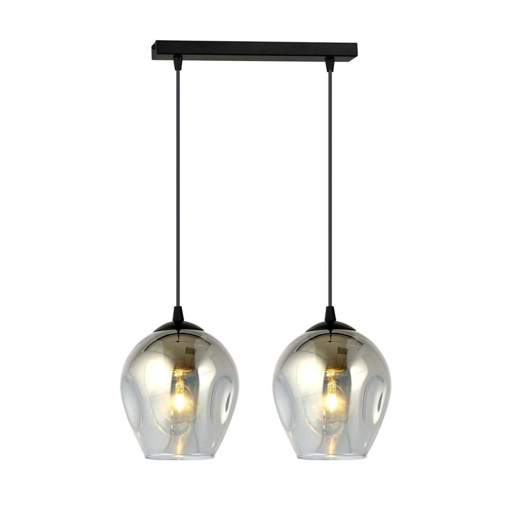 Lampadario 2 Luci Fuxi In Acciaio Nero E Vetri Fumè