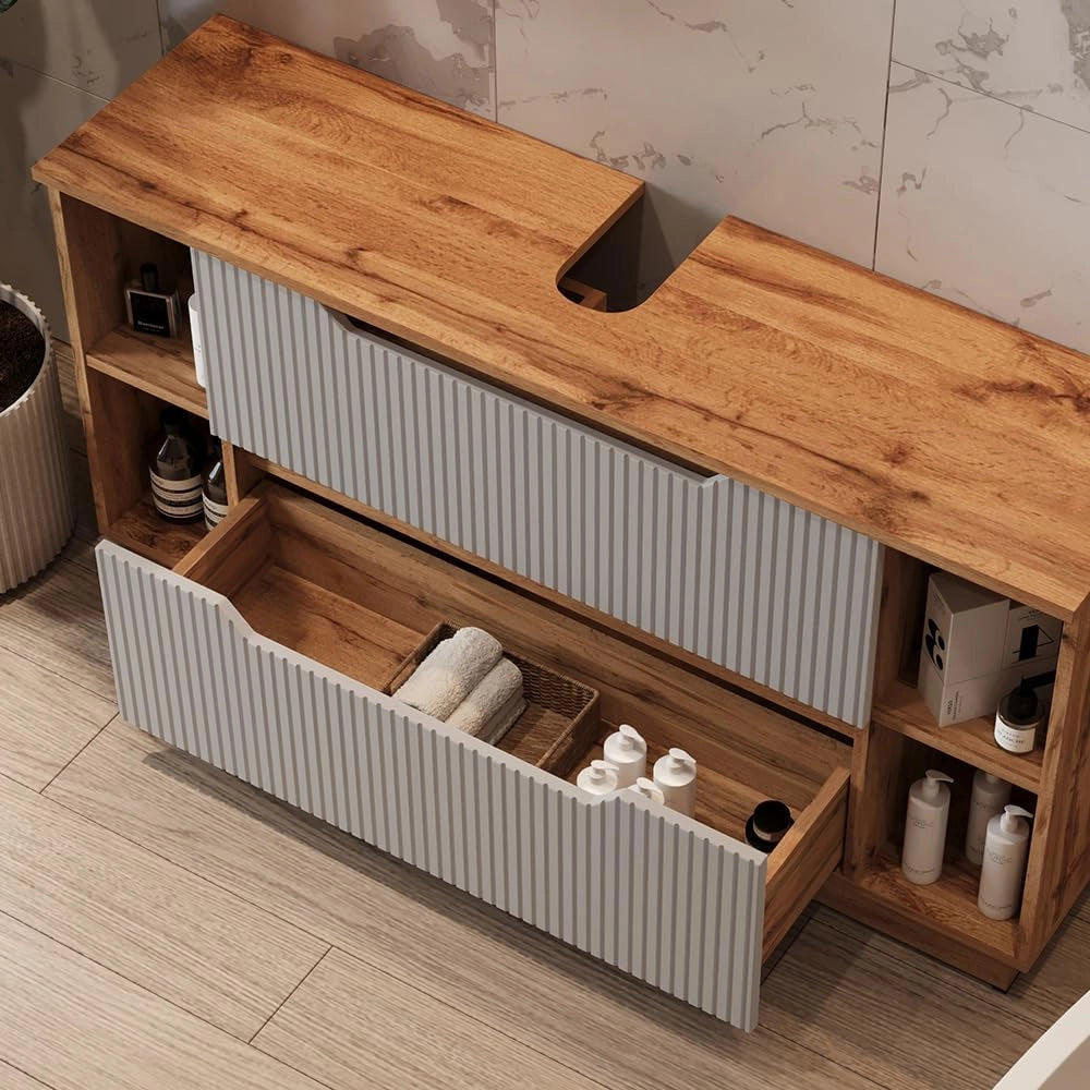 Mobile sottolavabo per bagno Lotta, Rovere/grigio a righe, 119.2 x 62.5 cm con 2 cassetti