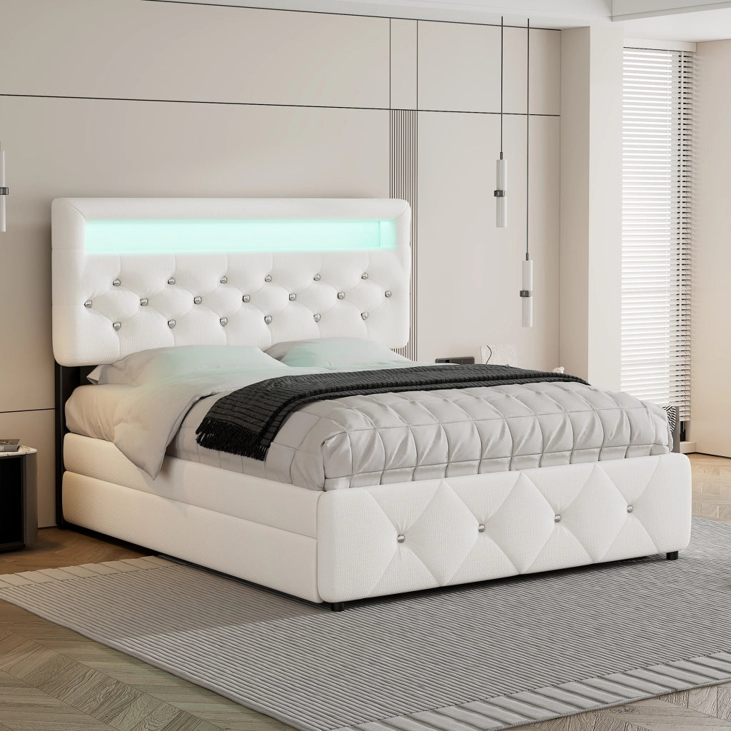 LETTO imbottito 140x200 cm Bianco con letto estraibile e 2 cassetti