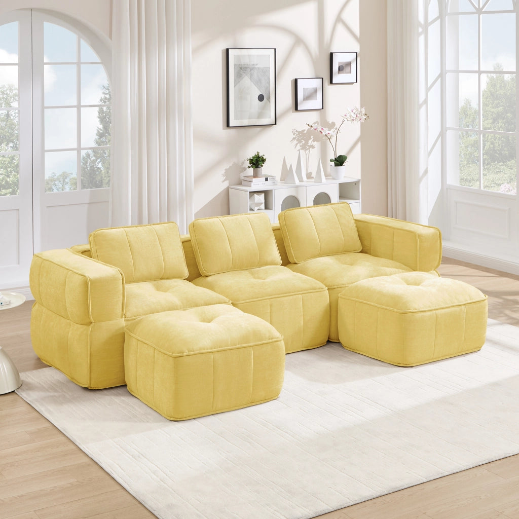 Divano modulare a U con due pouf, schiuma 32D, seduta profonda, senza struttura, per salotto, in poliestere giallo