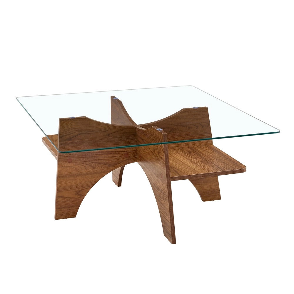 Tavolino da Caff¨¨ Quadrato ¨C MINIMAL ¨C Vetro Temperato e MDF Effetto Noce, 80x80 cm