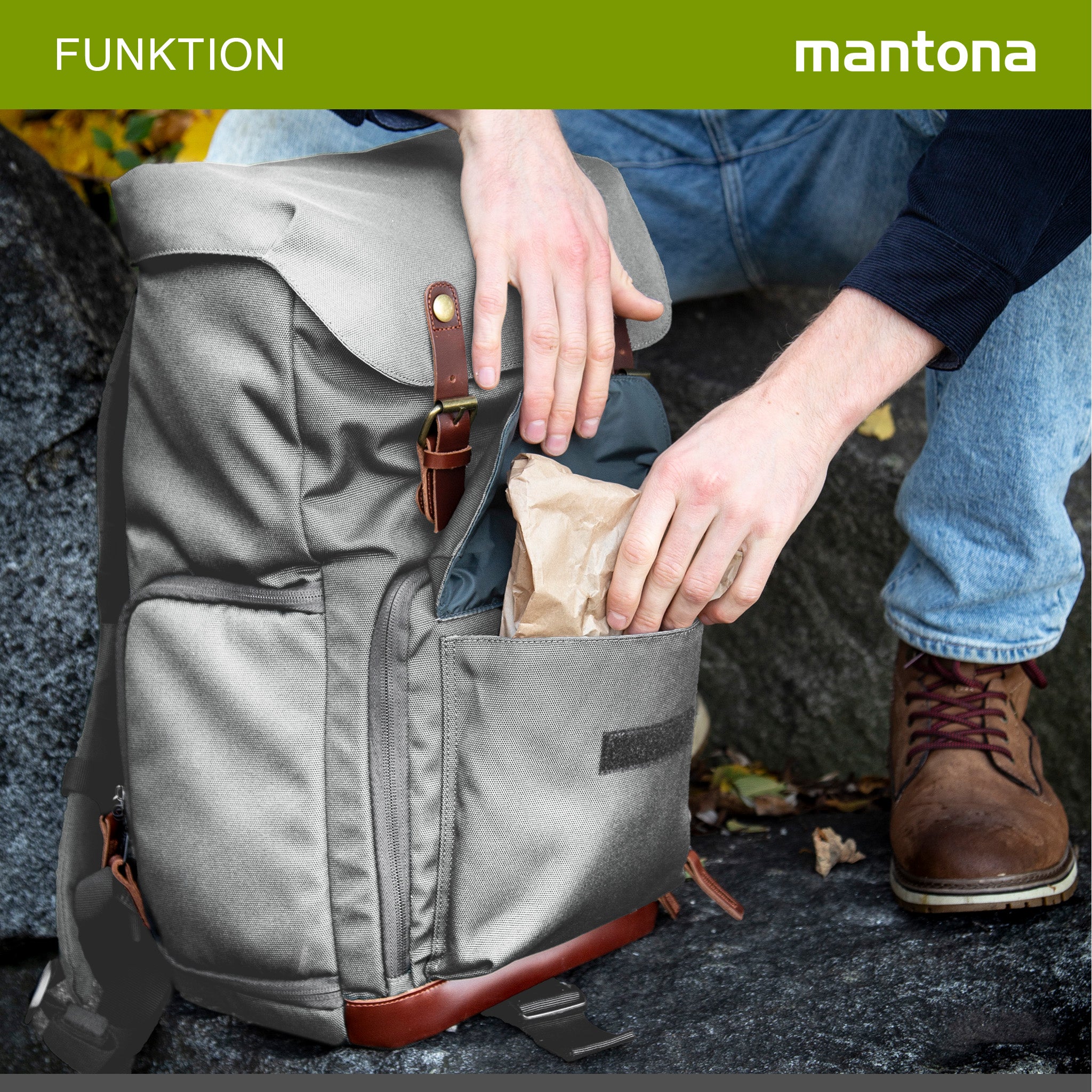 Mantona Luis junior Retro Zaino fotografico grigio, per fotocamera con copertura antipioggia, borsa fotografica con scomparto per laptop, DSLR, 3 obiettivi e accessori fotografici