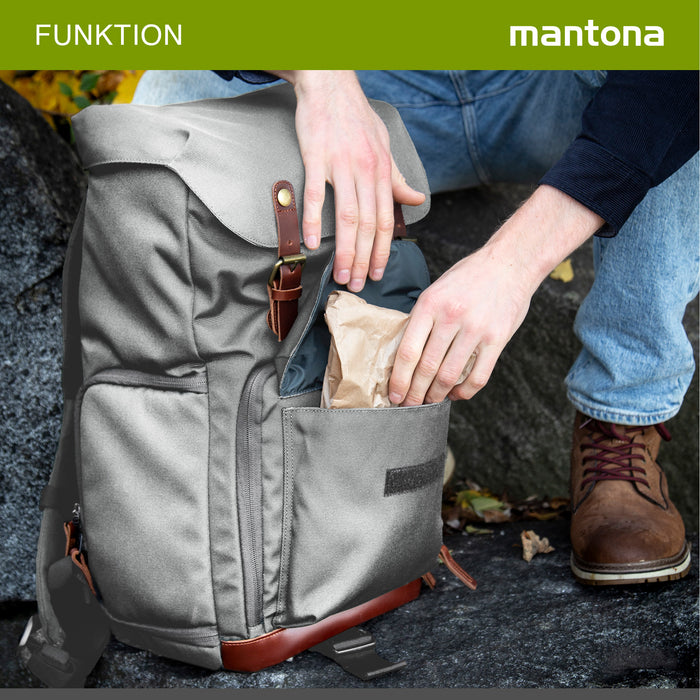 Mantona Luis junior Retro Zaino fotografico grigio, per fotocamera con copertura antipioggia, borsa fotografica con scomparto per laptop, DSLR, 3 obiettivi e accessori fotografici