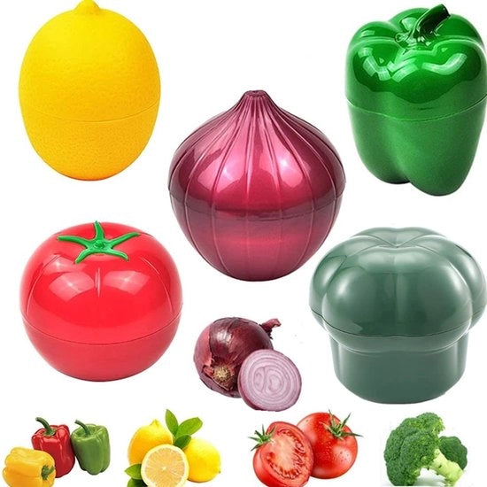 Bucheri per verdure e frutta, scatola di raffreddamento in silicone riutilizzabile, contenitore di conservazione per peperone verde, cipolla, pomodoro, limone e broccoli, cracker per verdure, confezione da 5.