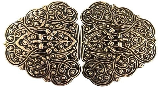 Fibbia metallica per schienale dirndl in stile antico, con chiusura a gancio e nastrino in metallo, dimensioni 90x50 mm (1 pezzo)