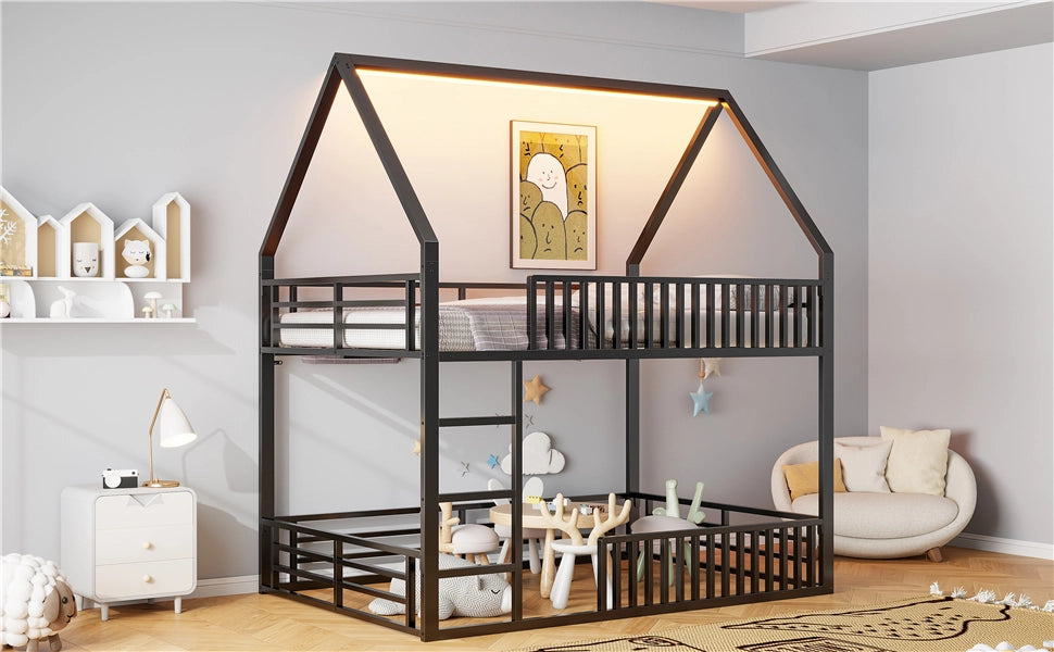 DESMIU Lit a castello bambini 140 × 200 cm con LED, sponda di sicurezza, senza materasso, in metallo, nero