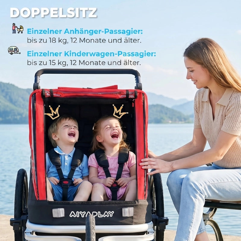 RIMORCHIO BICI PER BAMBINI 2-IN-1 2 posti Rosso in alluminio