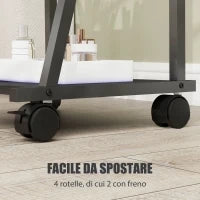 Specchio Verticale da Terra con 2 Ripiani e 4 Rotelle, in Acciaio e Legno, 42x37x155 cm, Nero