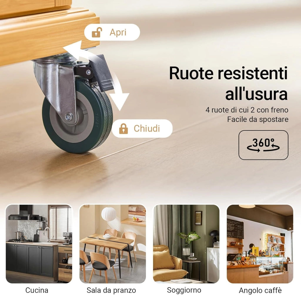 Carrello Cucina con Ruote Isola Cucina con Piano di Lavoro Estensibile, 2 Cassetti e Ripiani Regolabili Mobile Salvaspazio per Mobili da Cucina Naturale 115 x (46-71) x 92 cm FKW69-N