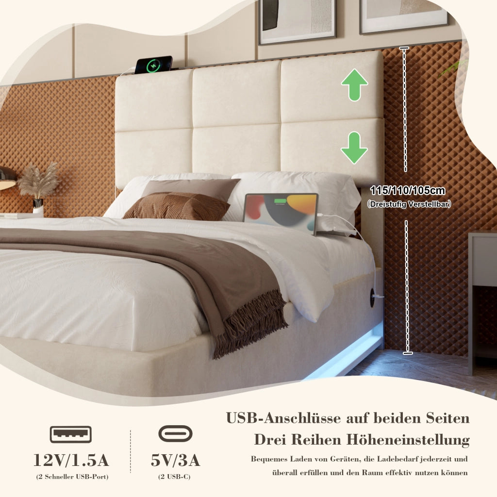 LETTO 90x200 cm in velluto beige con testiera regolabile e LED, senza materasso