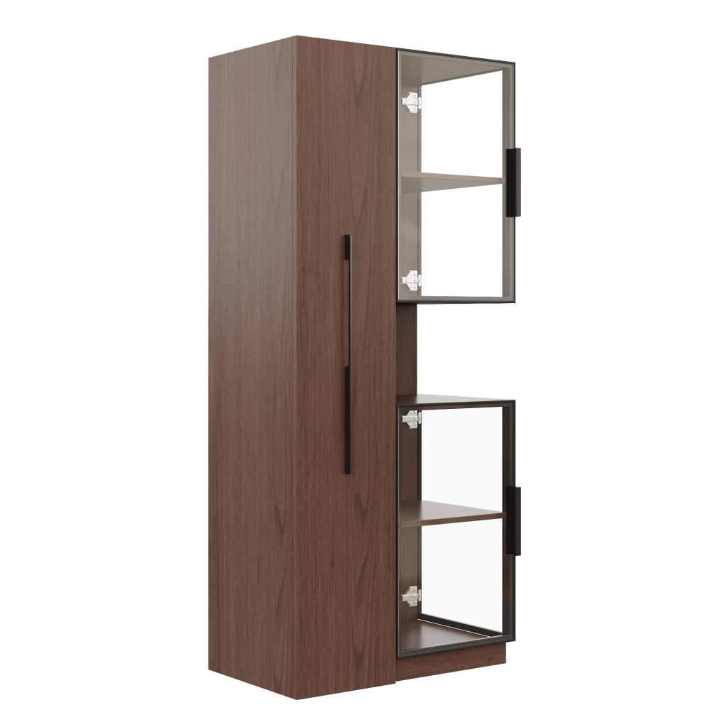 Vetrina alta in MDF e vetro 70×38×160 cm, colore noce, con ripiani estraibili e LED multicolore